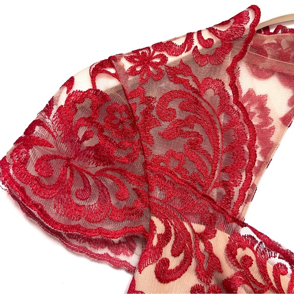 Marchesa Notte Embroidered Mini Dress Red Lace Cap Sleeve Flare Valentines SZ 10 - Picture 4 of 15